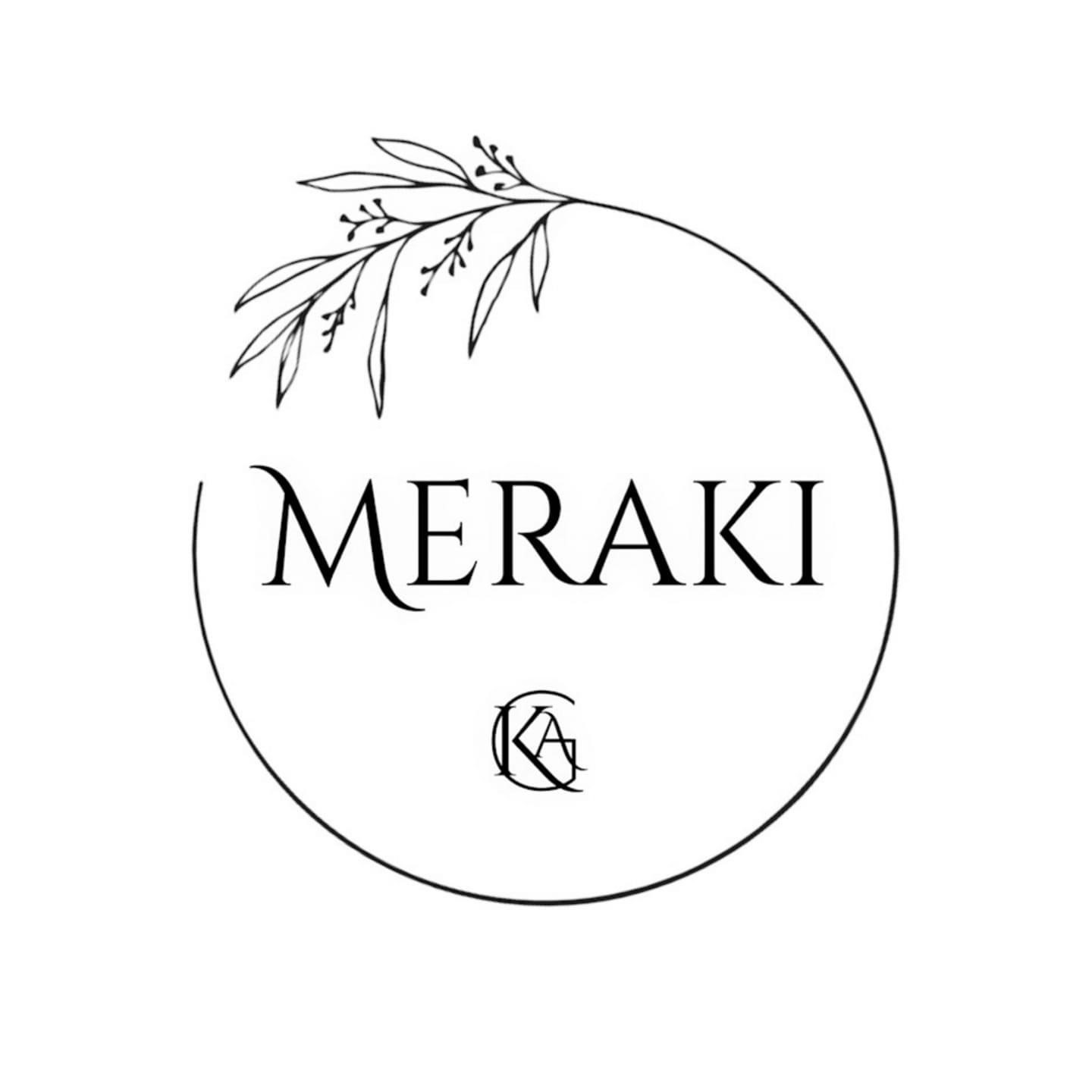 Meraki brand logo with floral element design