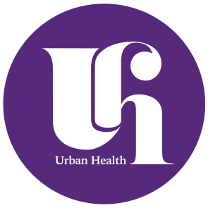 Urban Health logo with white letters on purple